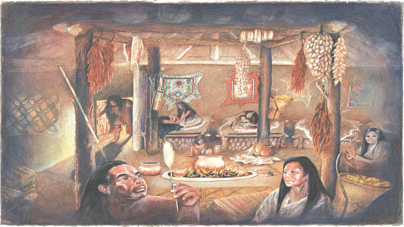 A Choctaw winter house did not always have an interior opening in the top allowing the smoke to escape, thereby keeping all the much-needed heat inside creating a dutch oven effect. Squash and other vegetables were kept under sleeping quarters for winter consumption. The entryway was small to keep out drafts and created sloping downward since the house was partially built under the ground.