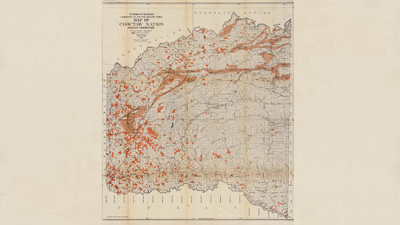 A vintage map of the Choctaw Nation with areas highlighted showing coal and asphalt segregation.