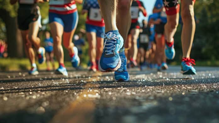 A group of runners jogging across a road.