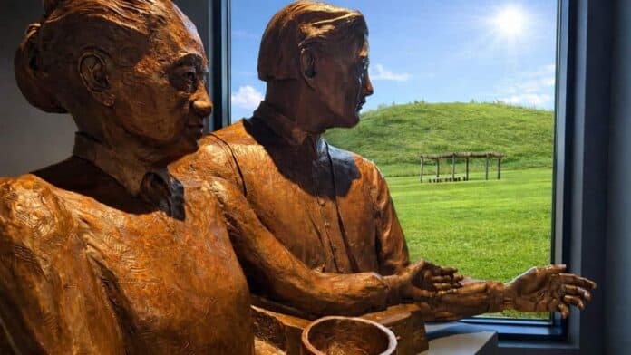 The bronze sculpture “The Gift” by artist Brendan O’Neill, a reminder of the Choctaw-Irish connection, is on permanent display at the Choctaw Cultural Center.