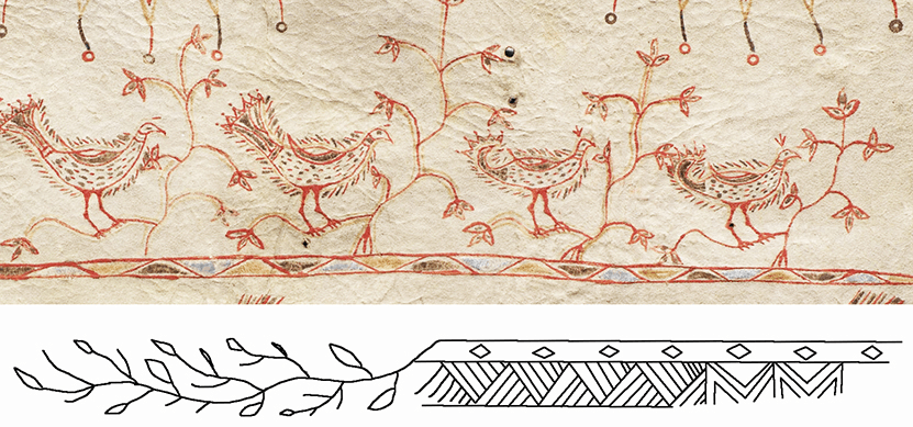 An example of a detail within a painted hide design on an 18th-century Choctaw pipestem, showing the shrub growing from a long, rectangular shape with alternating triangles.