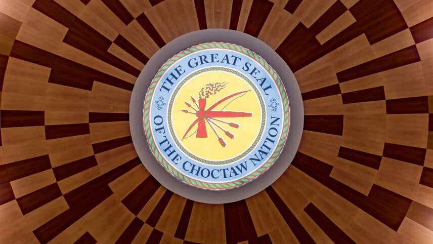 The Great Seal of the Choctaw Nation located on the ceiling of the Headquarters building located in Durant, OK.