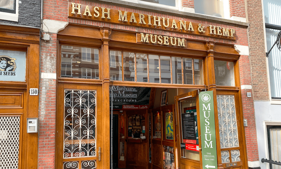 Hash Marihuana and Hemp Museum in Amsterdam with wooden entrance.