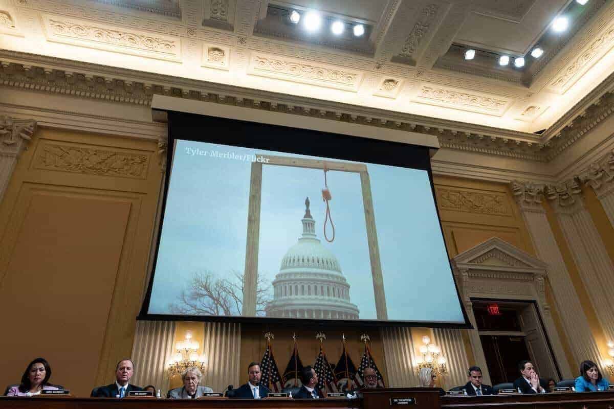 Meet the press interview with trump about january 6 committee. Projector at the january 6th hearings showing the gallows that was erected outside the capitol that day