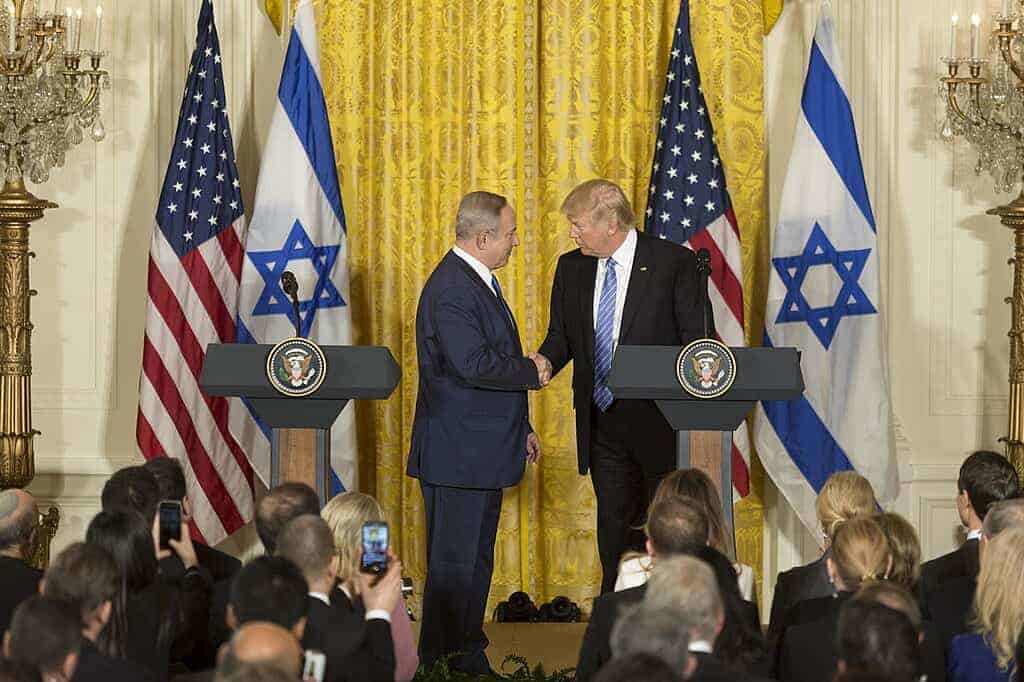 Talks with iran president trump and benjamin netanyahu shake hands during a white house press conference.