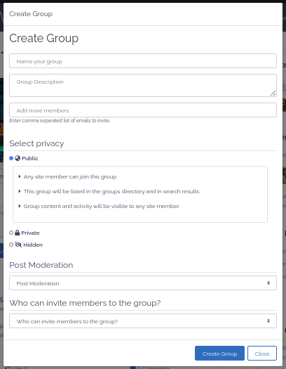 Support faq form on the create a group page
