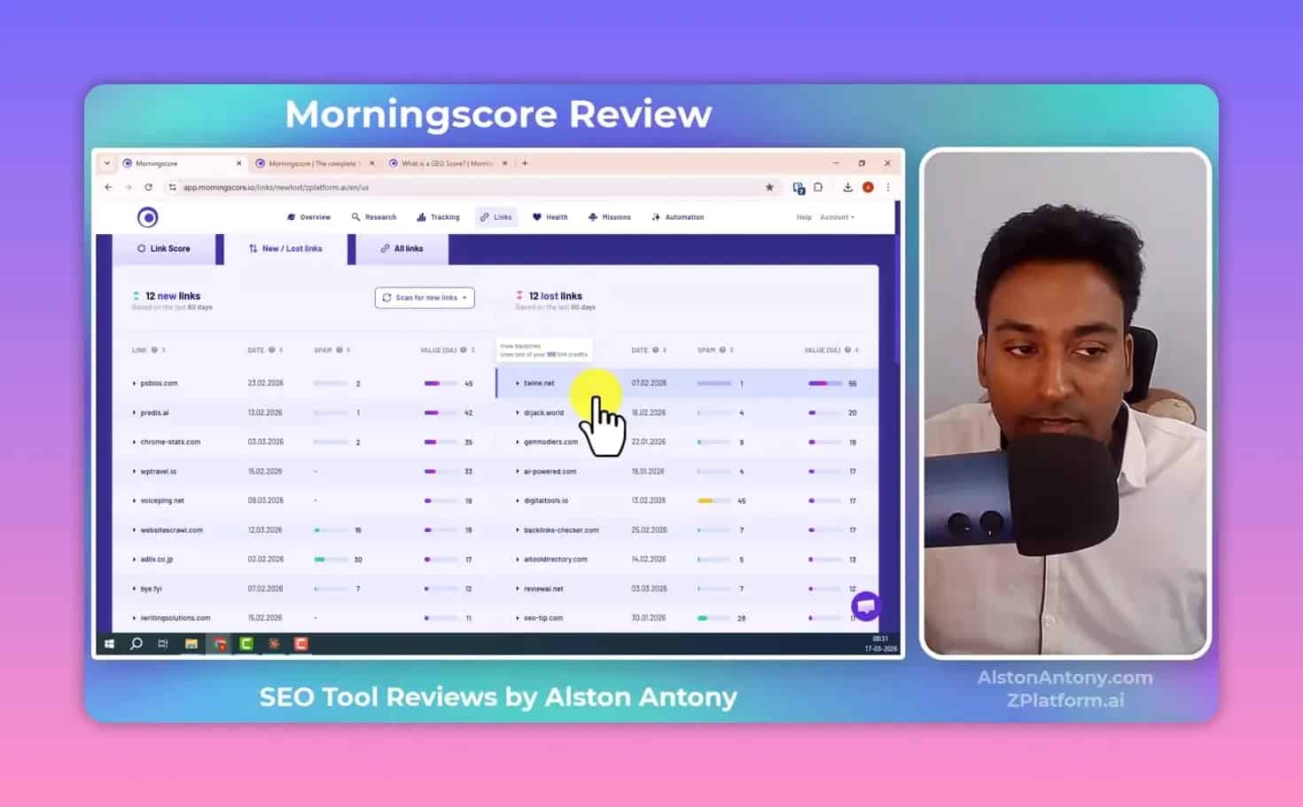 Morningscore review screenshot showing backlinks list for new and lost links with metrics columns