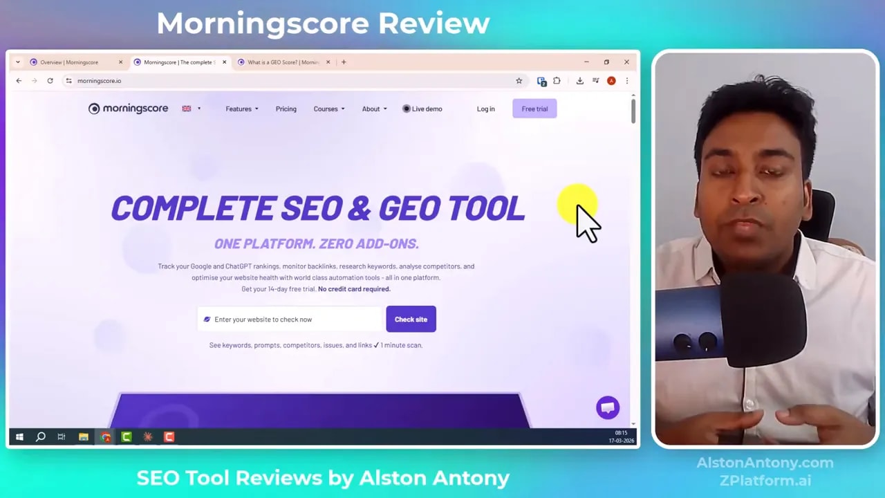 Morningscore Review screenshot showing the complete SEO and Geo tool landing page in the dashboard interface