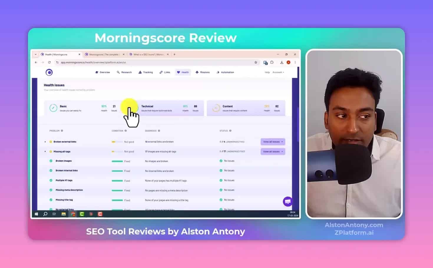 Morningscore Health issues list including missing alt tags and broken external links