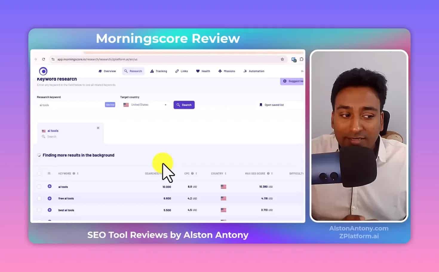 Morningscore keyword research table with keyword metrics and filtering options
