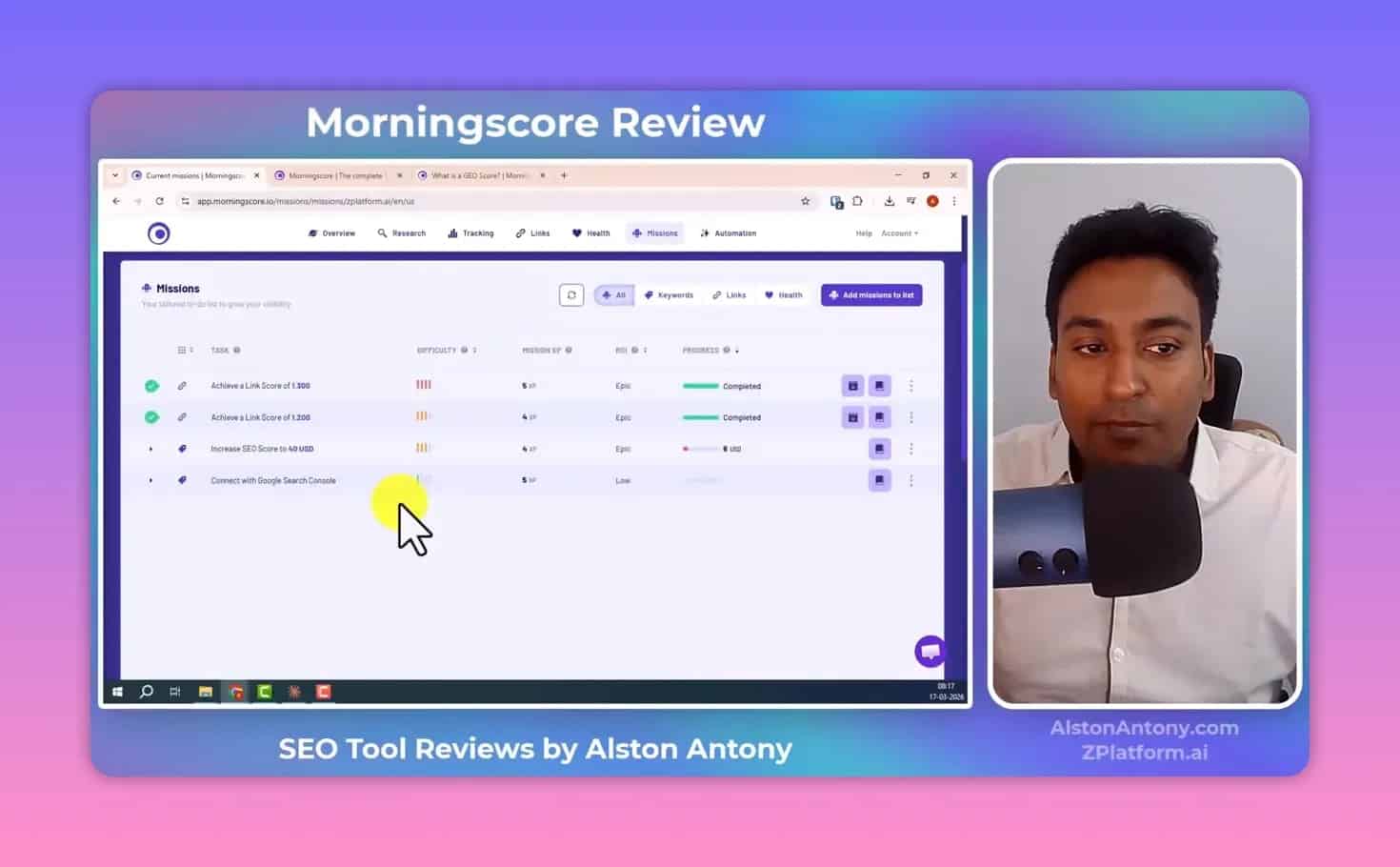 Morningscore missions list showing task XP, difficulty, ROI, and progress