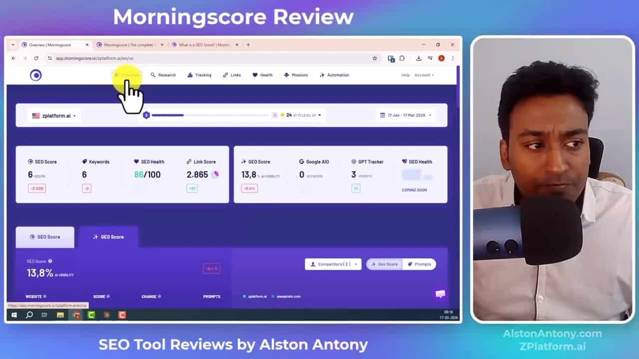 Morningscore Review overview dashboard showing SEO score, link score, and GEO visibility metrics