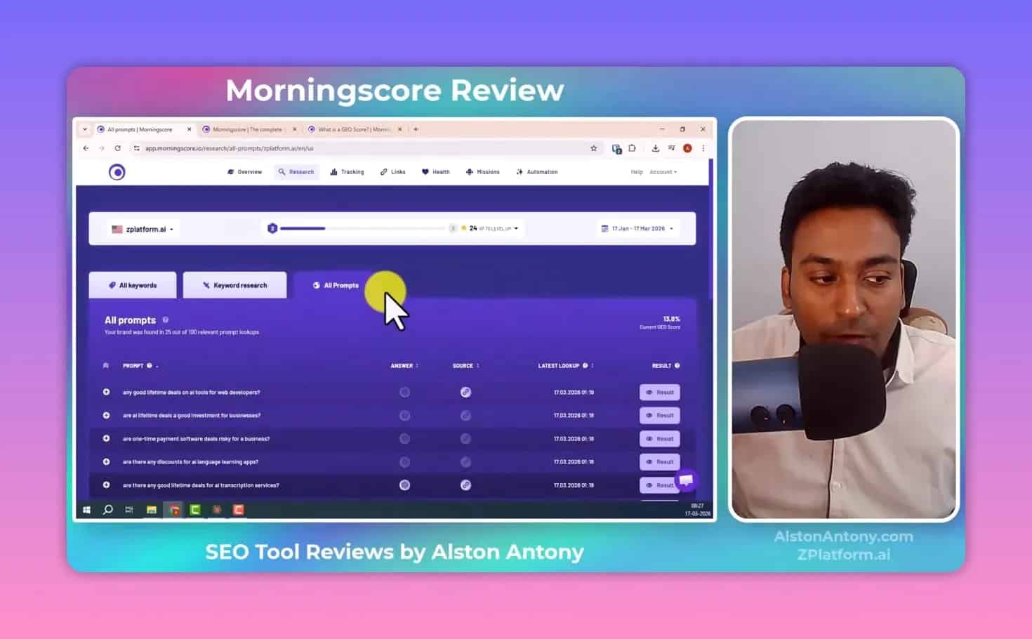 Morningscore prompt research dashboard with all prompt lookup results