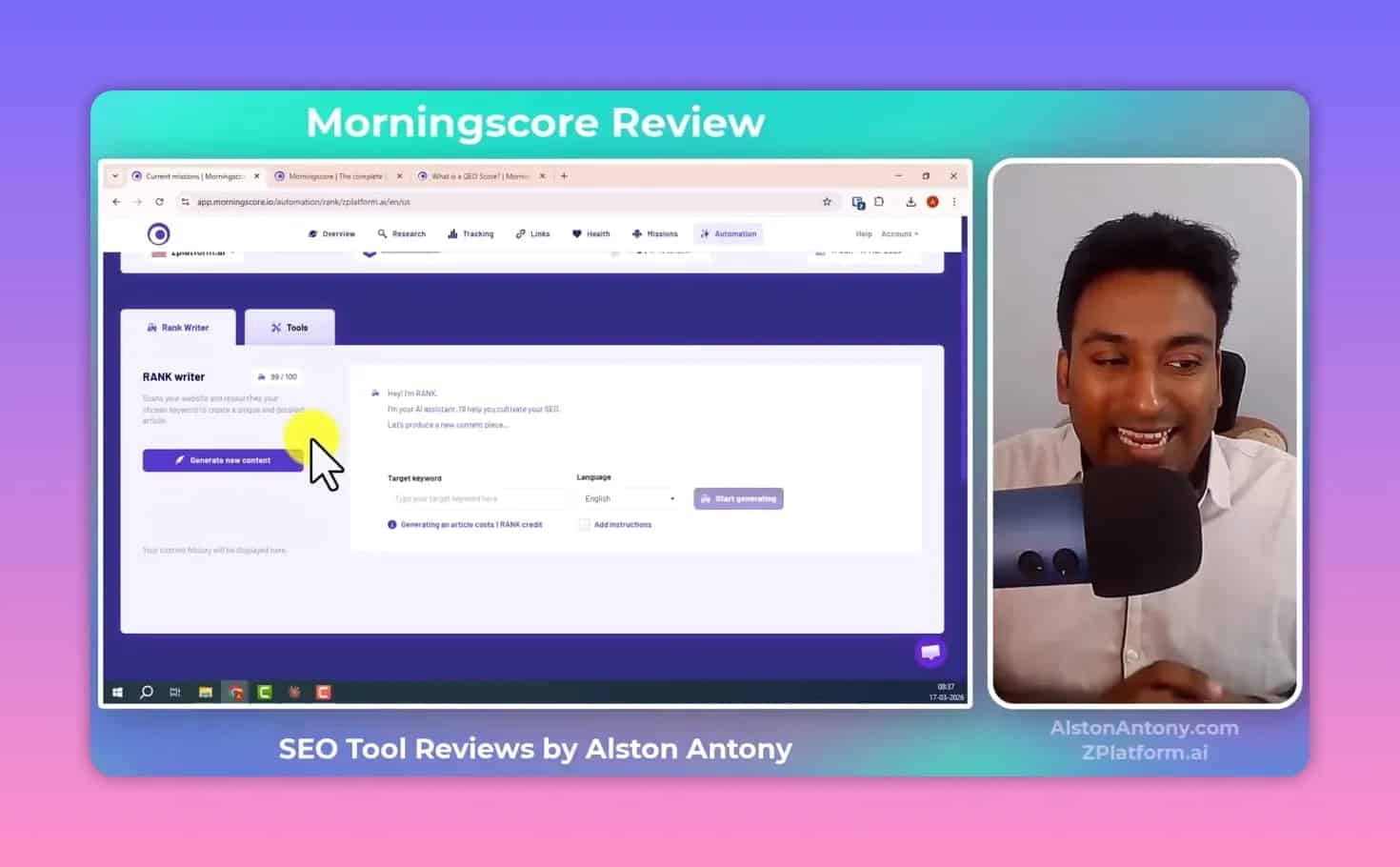 Morningscore RANK Writer interface for generating new content in Automation