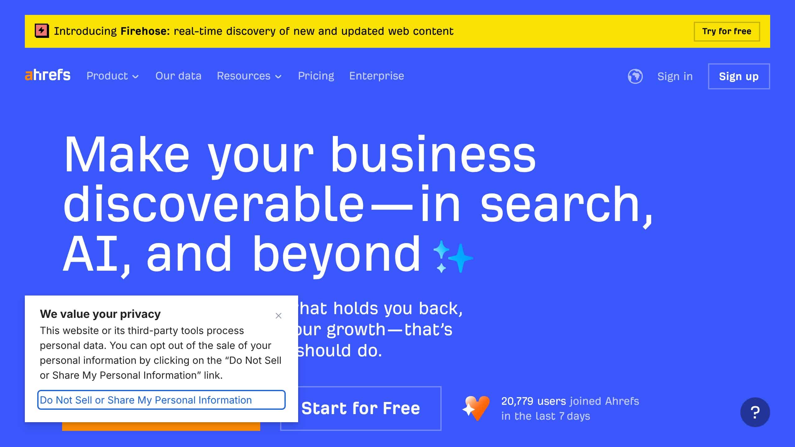 Ahrefs homepage with keyword explorer and site audit tools