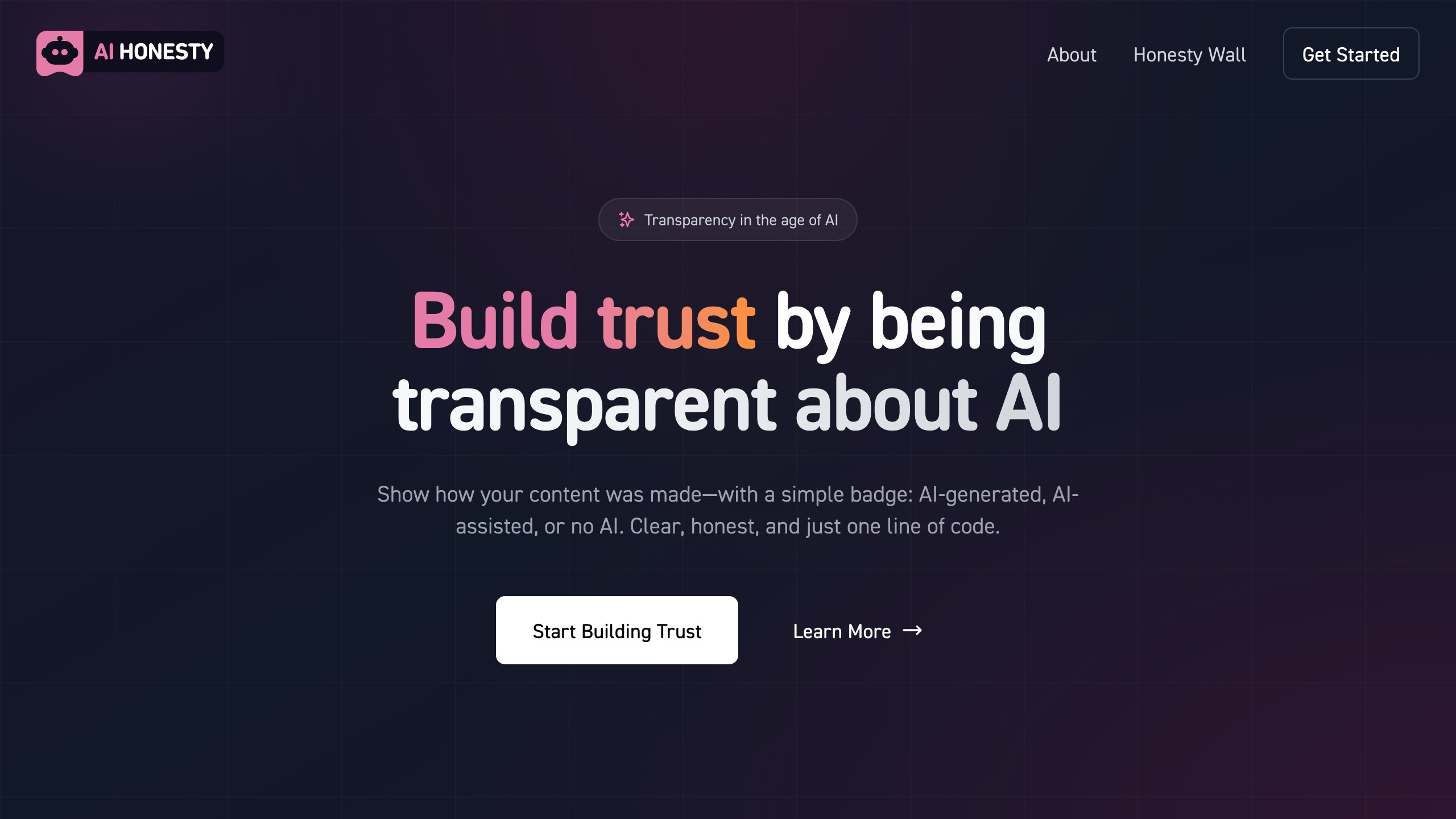 AI Honesty Badge homepage offering free AI content disclosure badges