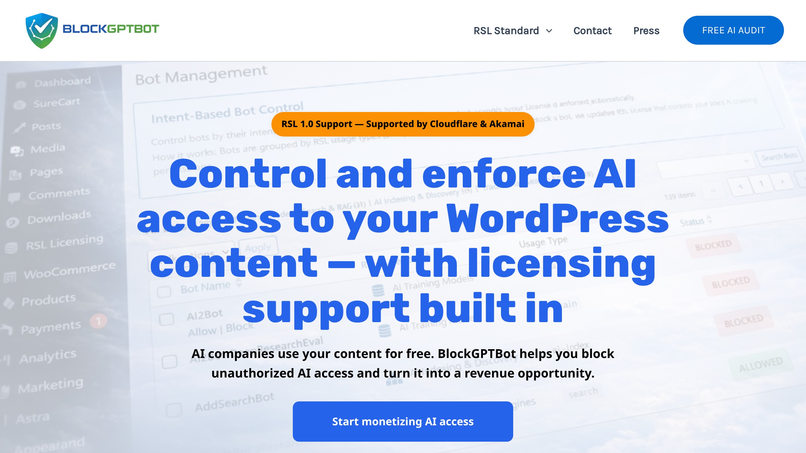 BlockGPTBot homepage showing AI content governance and RSL enforcement