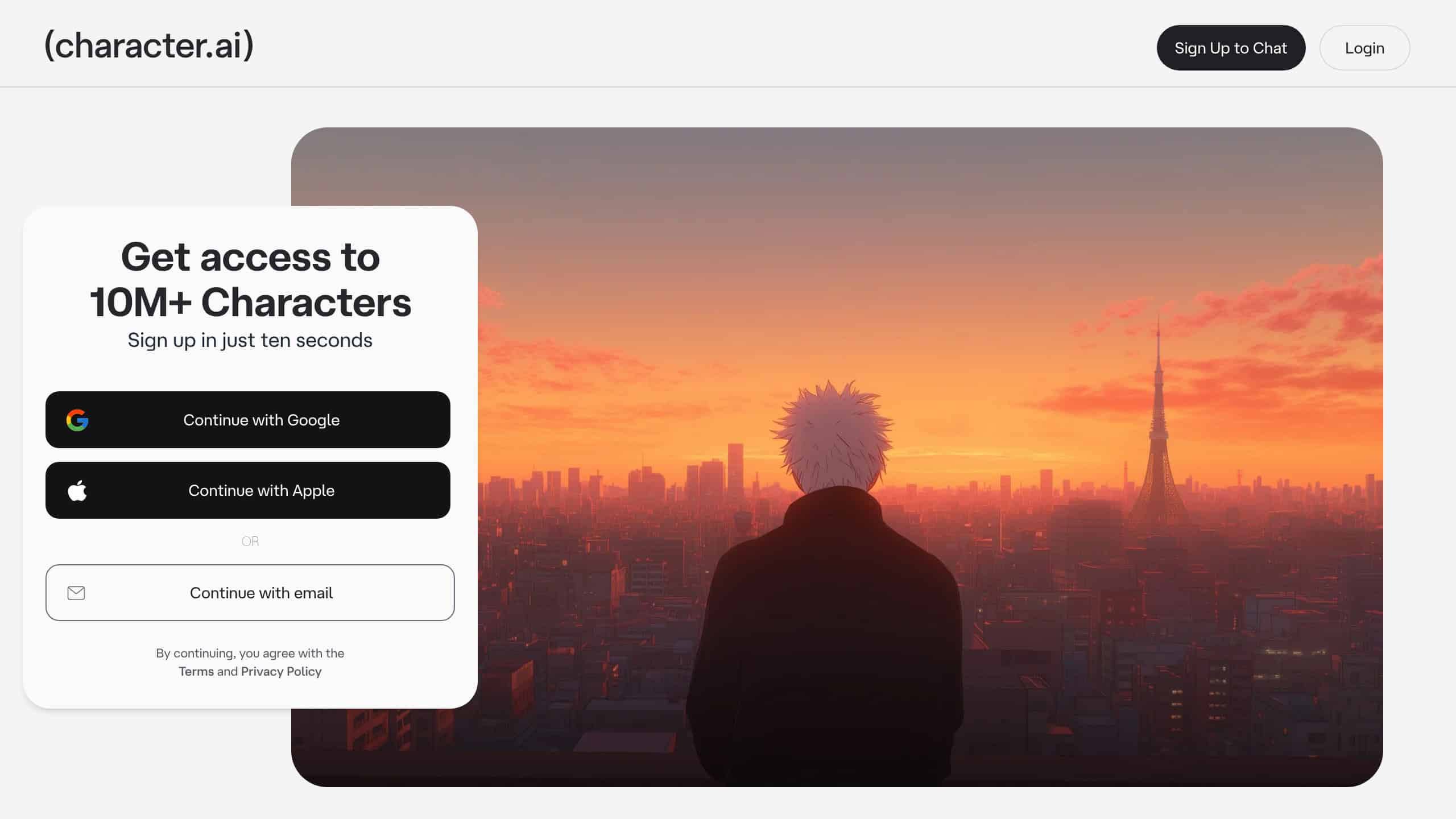 Character AI homepage with character library and search interface