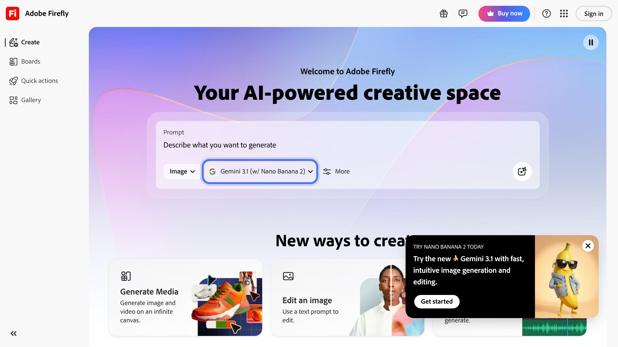 Adobe Firefly homepage with text-to-image generation tools