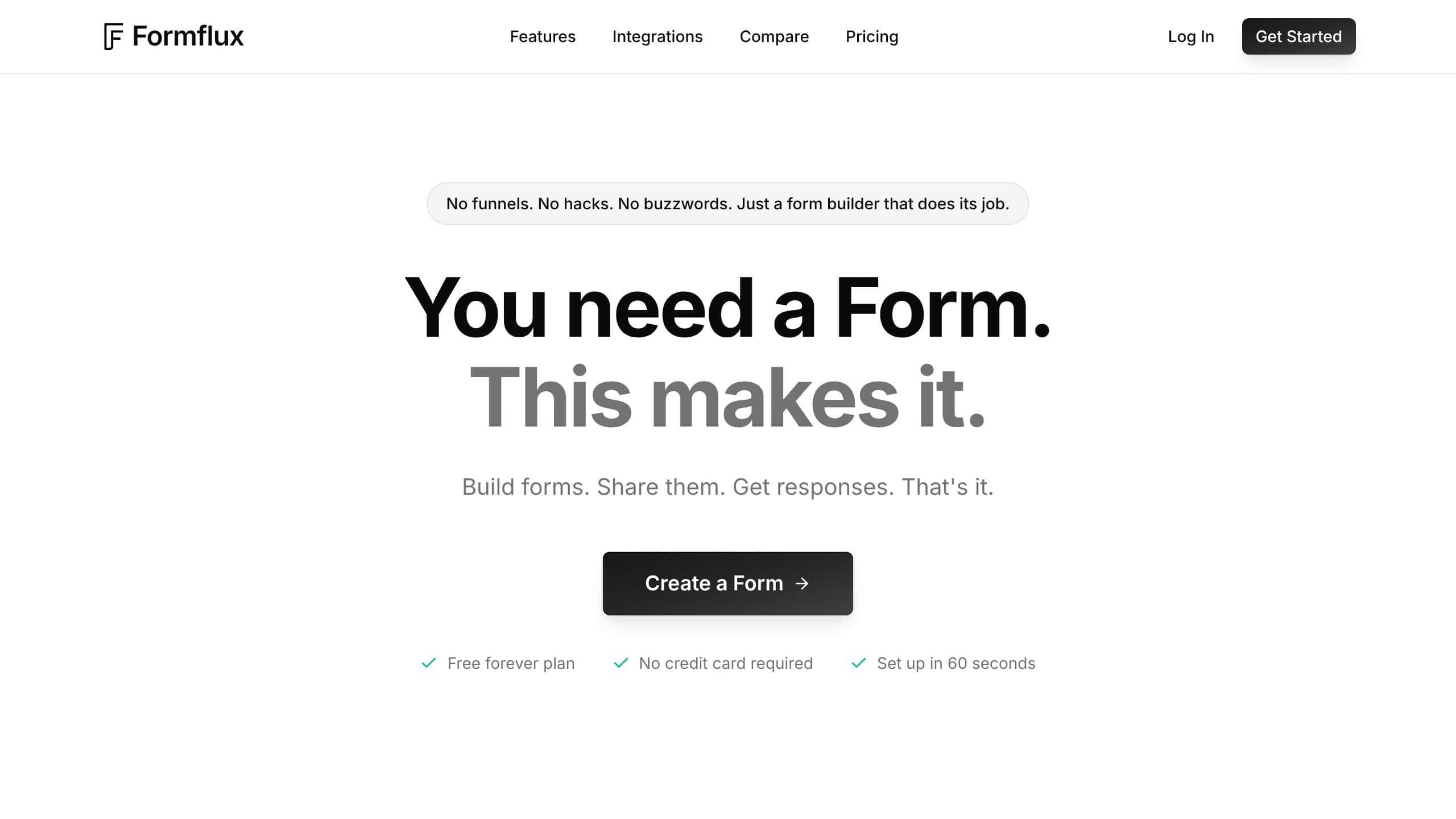 FormFlux homepage showing form builder value proposition
