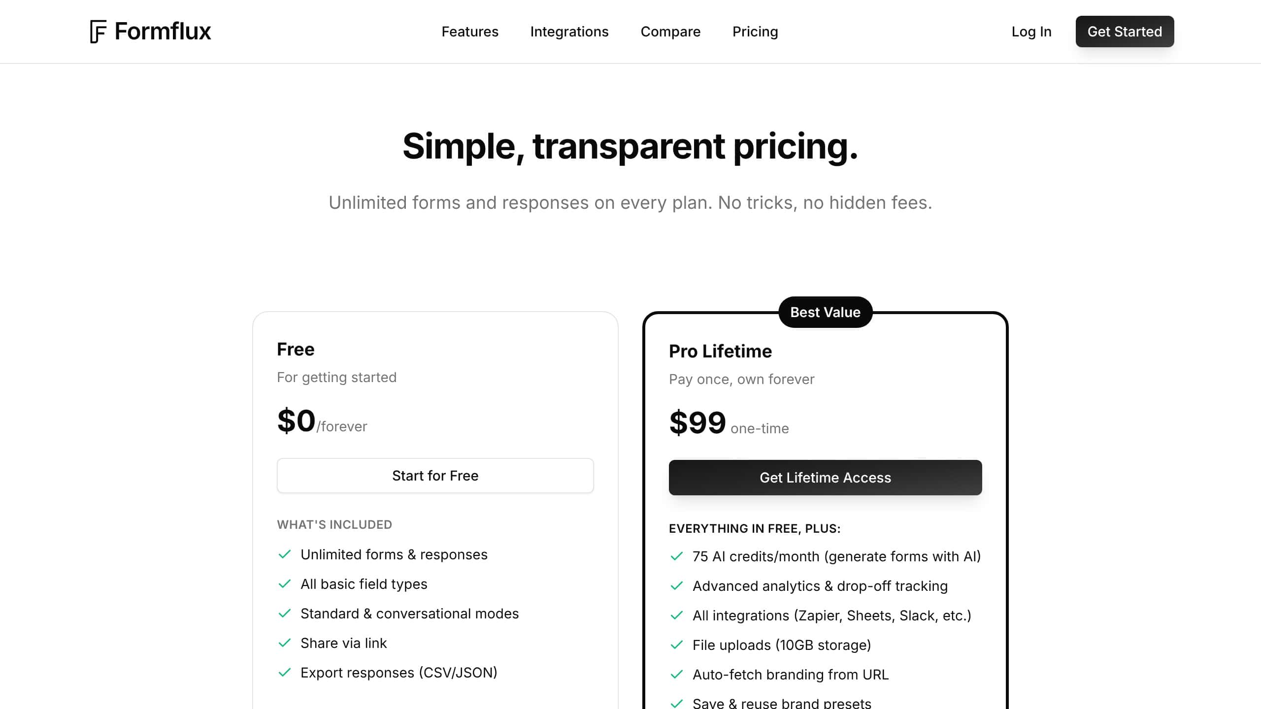 FormFlux pricing plans with free and Pro lifetime options
