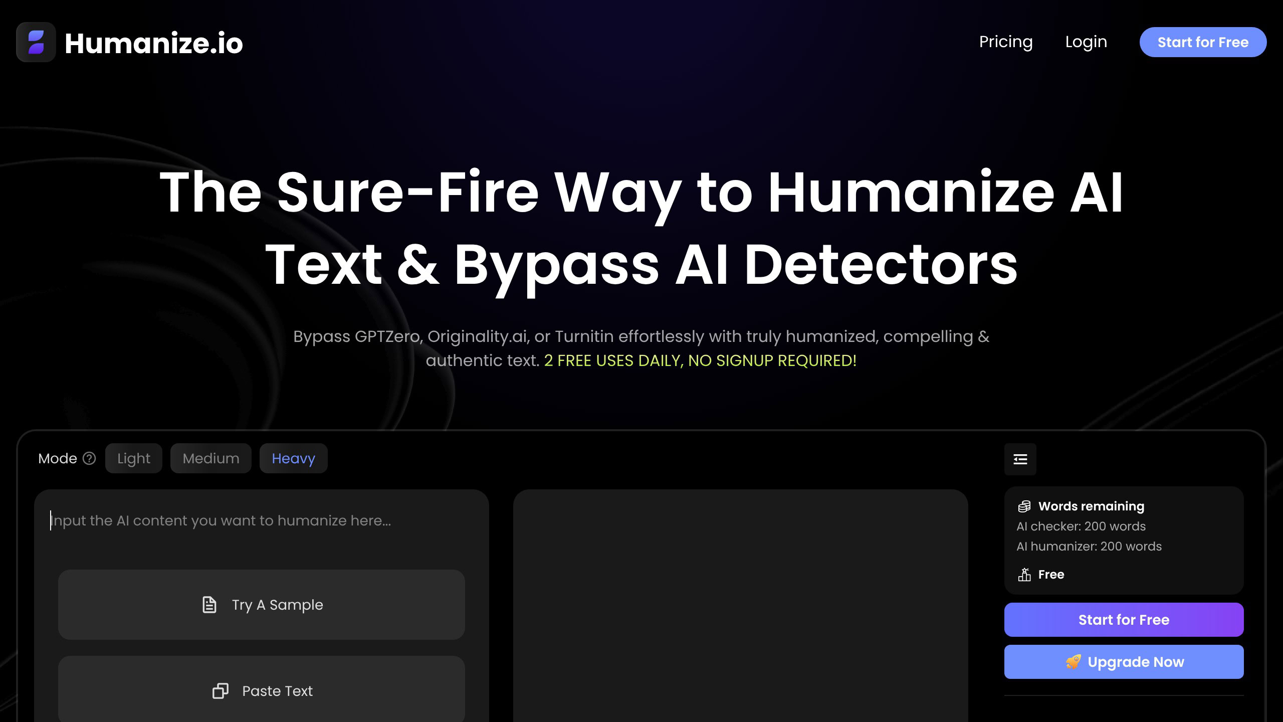 Humanize.io homepage with Light, Medium, and Heavy humanization modes