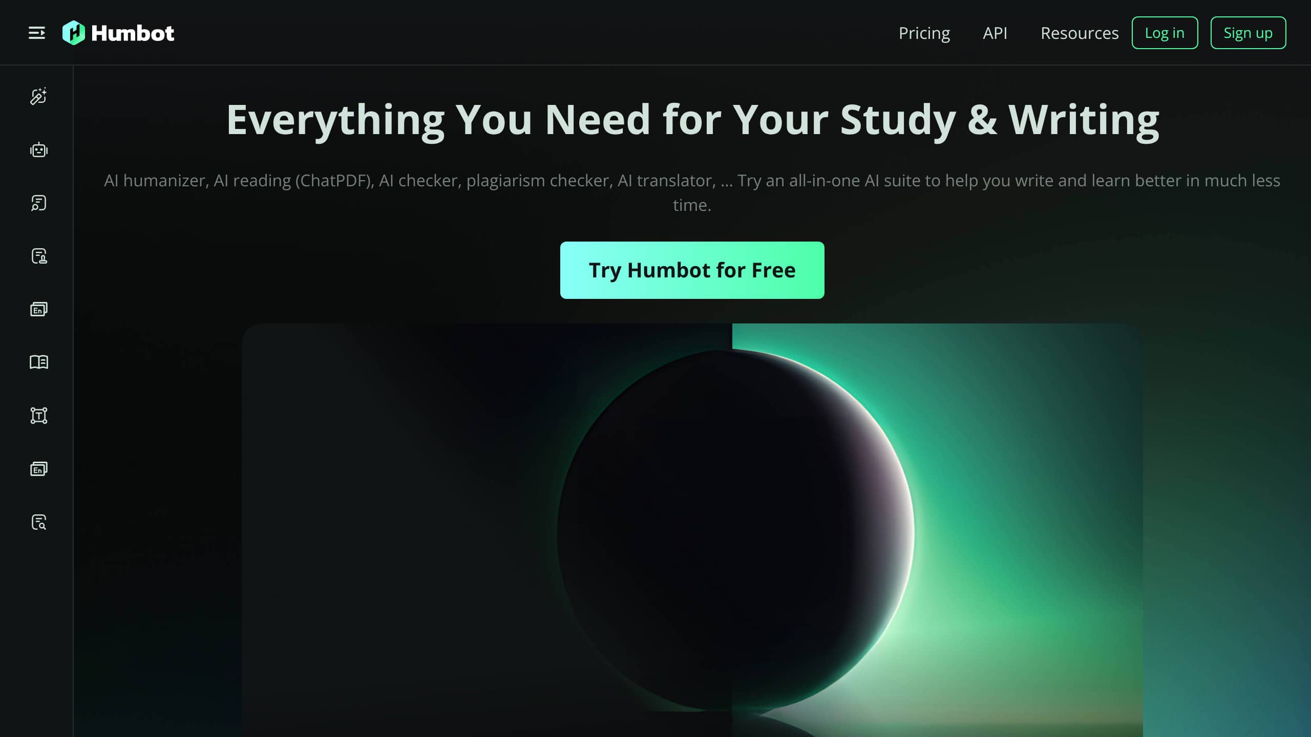Humbot AI homepage with humanizer input and mode selection