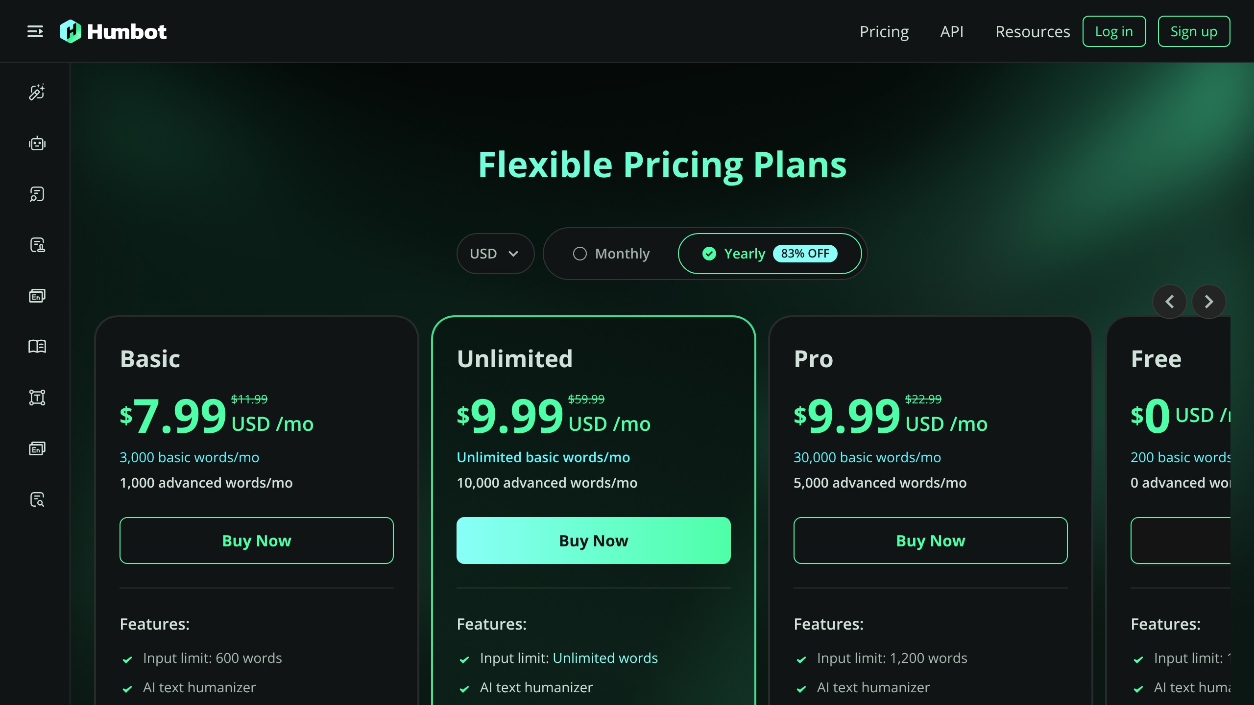 Humbot pricing plans from Free to Unlimited at $59.99 per month