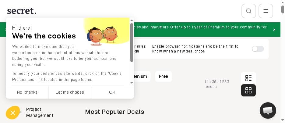 JoinSecret deals explore page showing 583 results