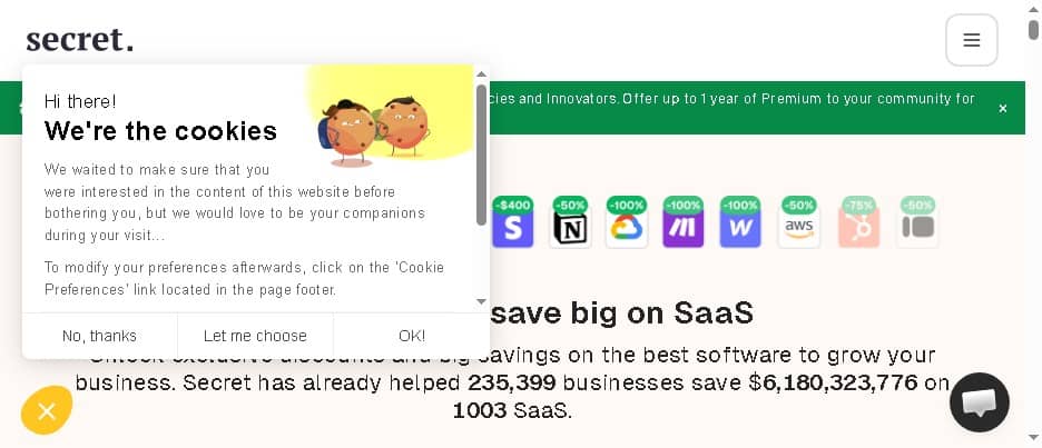 JoinSecret homepage showing value proposition and SaaS partner logos