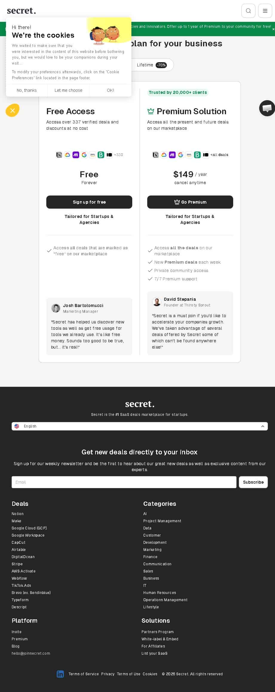 JoinSecret pricing plans showing Free and Premium options