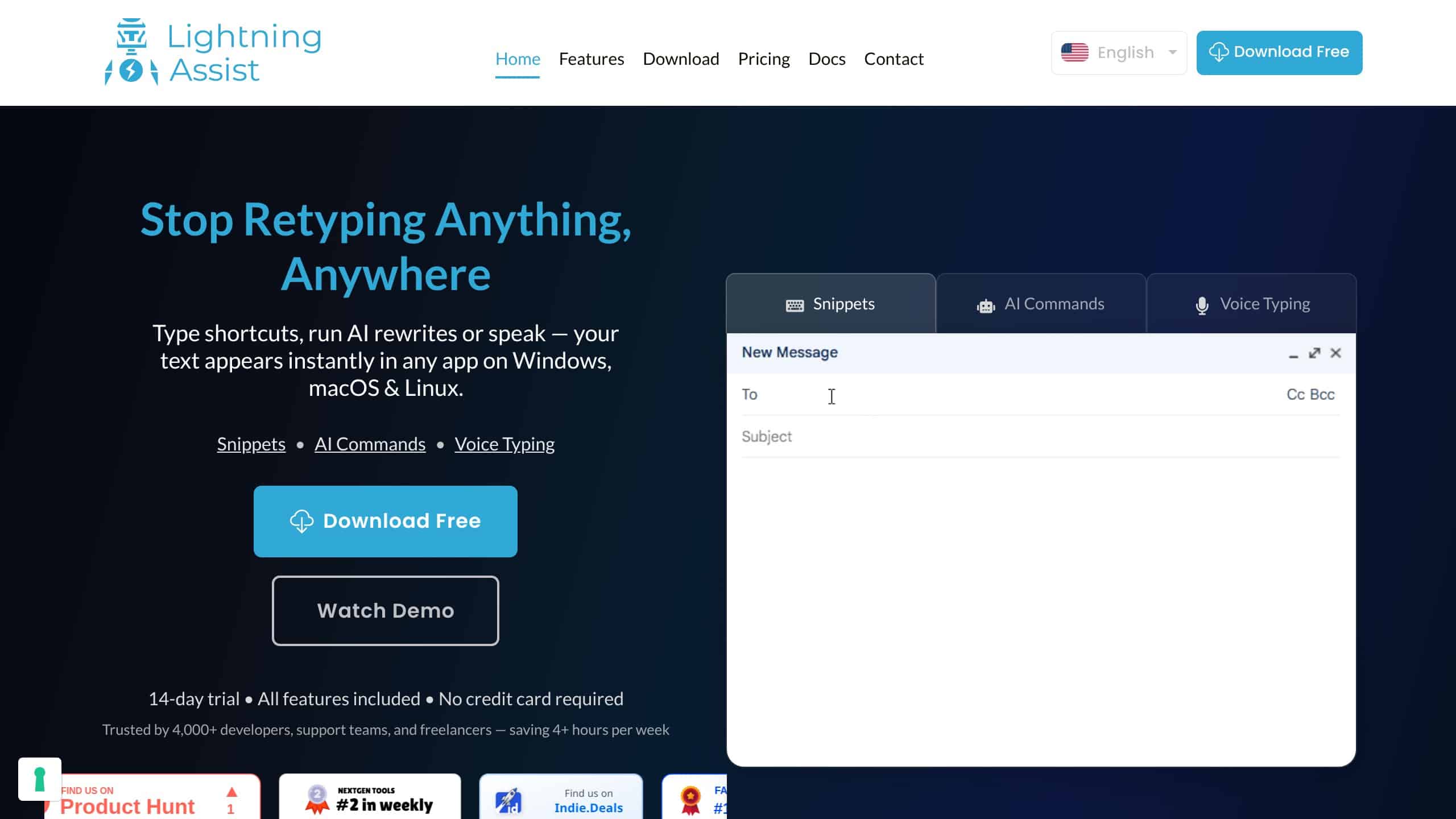 Lightning Assist homepage showing text expander with AI features