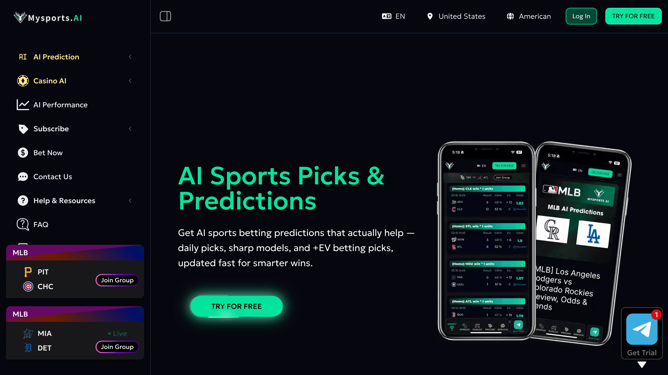 MySports.ai homepage with AI sports prediction features and daily picks