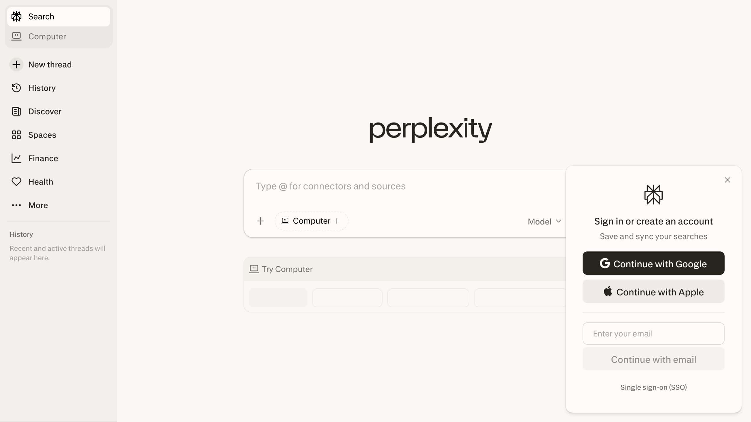 Perplexity AI homepage with search interface and answer engine