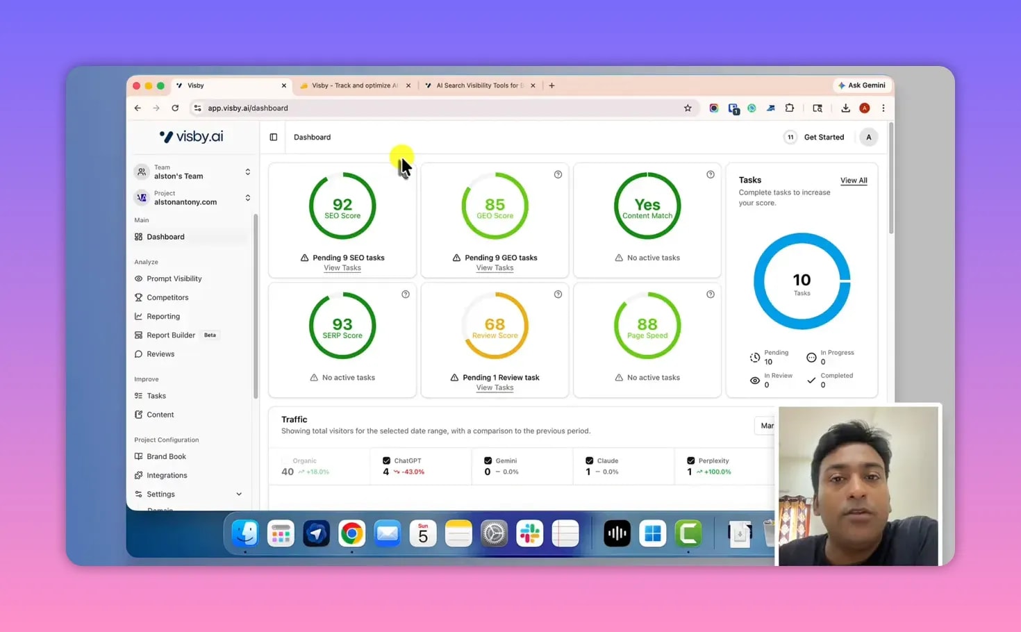 Visby AI dashboard overview with SEO and GEO score widgets and task summary