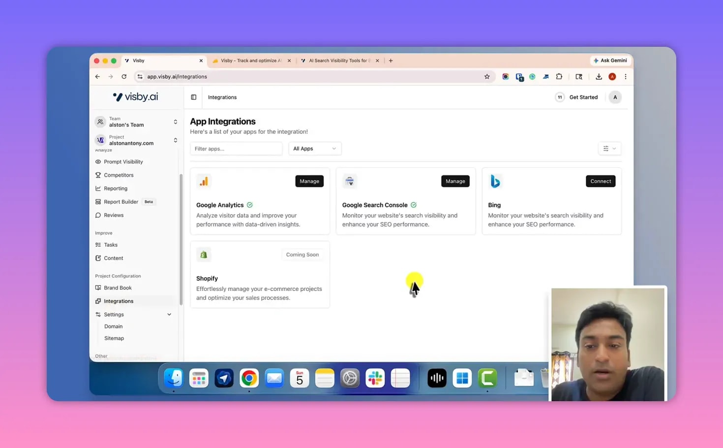 Visby AI integrations page listing connected apps like Google Analytics and Shopify coming soon
