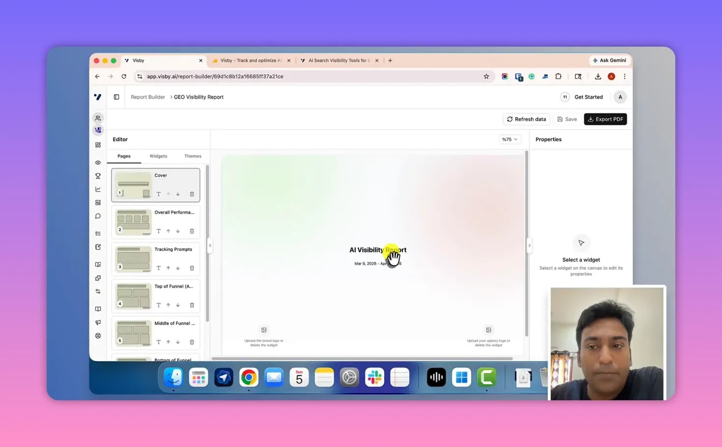 Visby AI Report Builder editor showing an AI Visibility Report canvas with widgets and properties panel