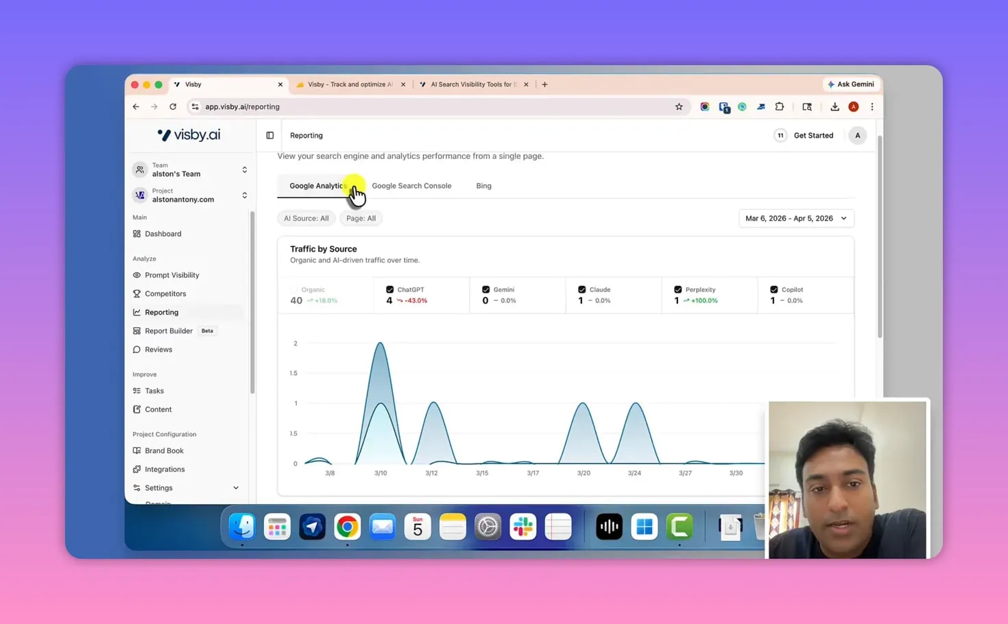 Visby AI reporting dashboard traffic by AI source chart with date range selector