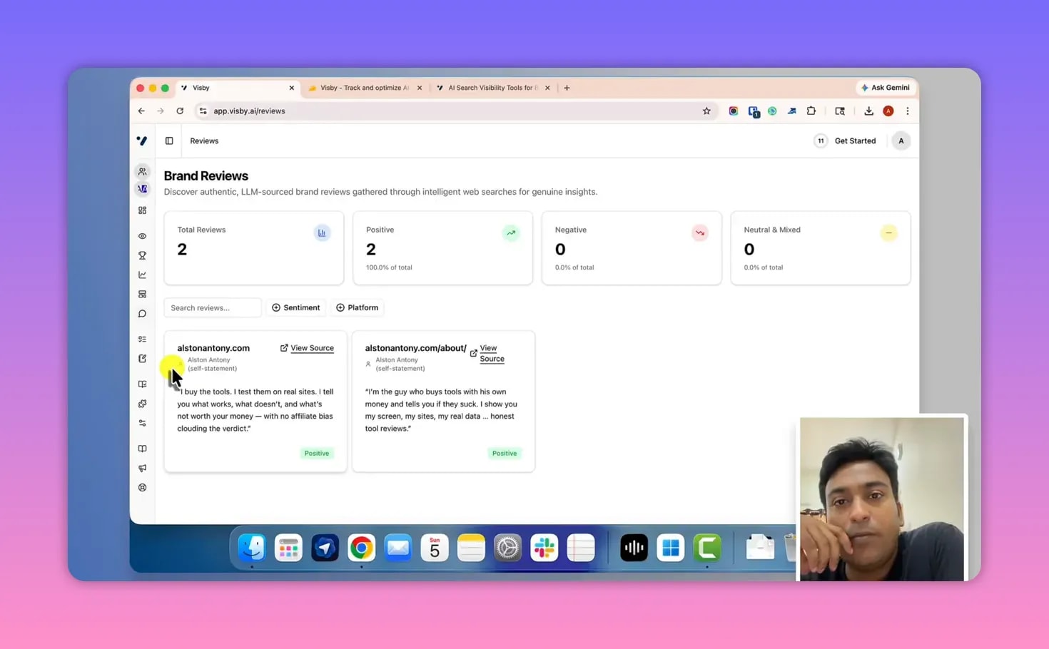 Visby AI reviews dashboard with total reviews and sentiment distribution