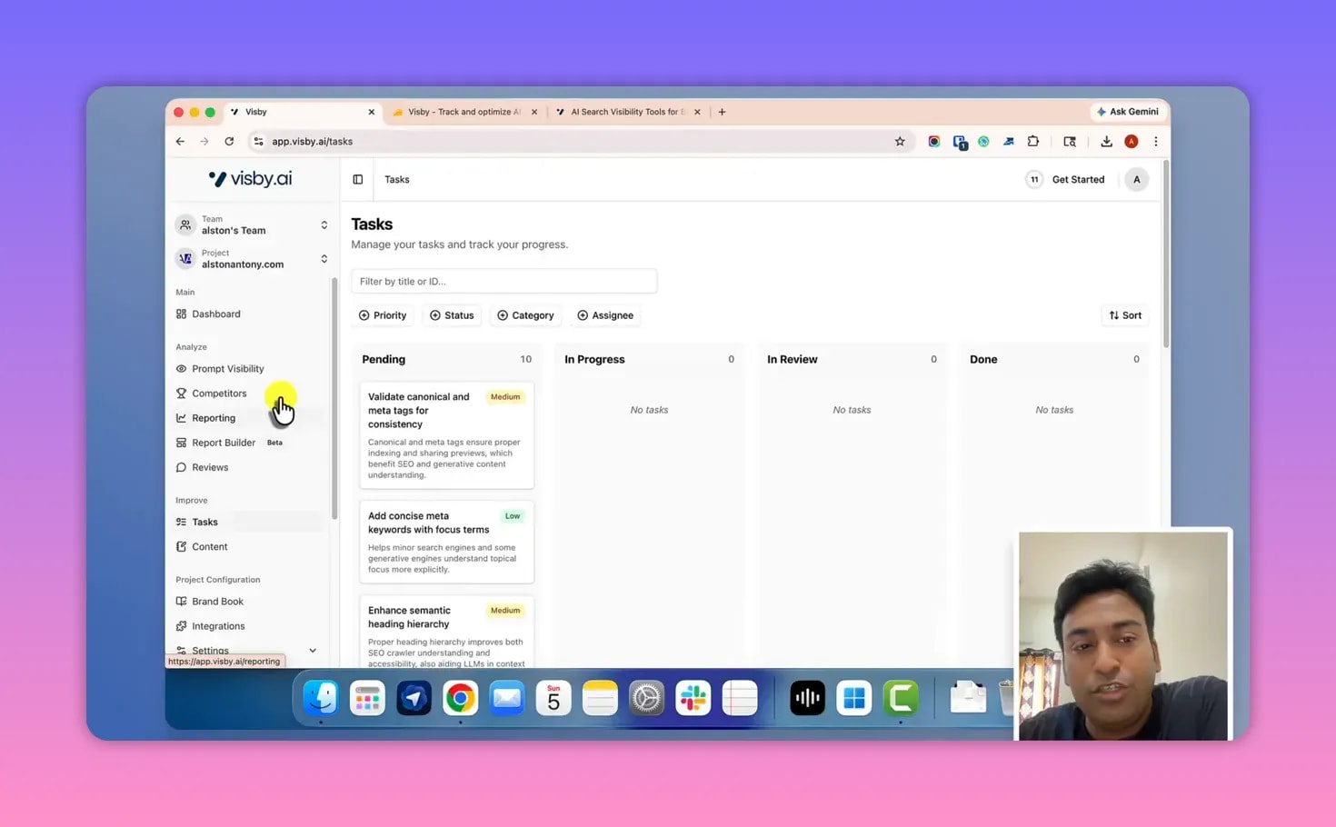 Visby AI Tasks board showing pending tasks and statuses