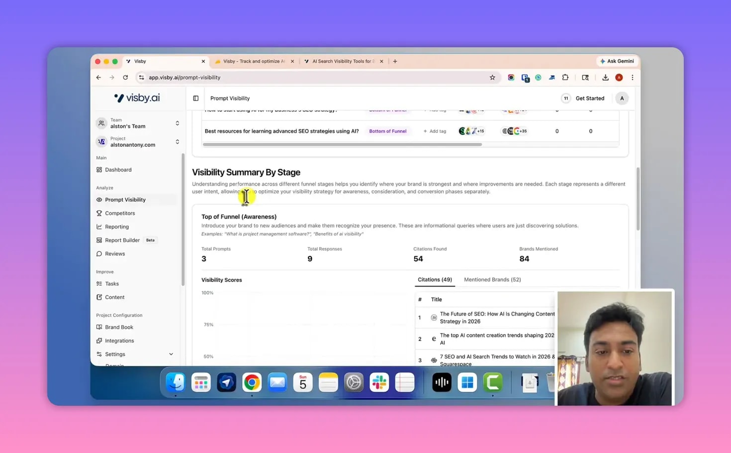 Visby AI visibility summary by funnel stage showing top of funnel metrics and visibility scores