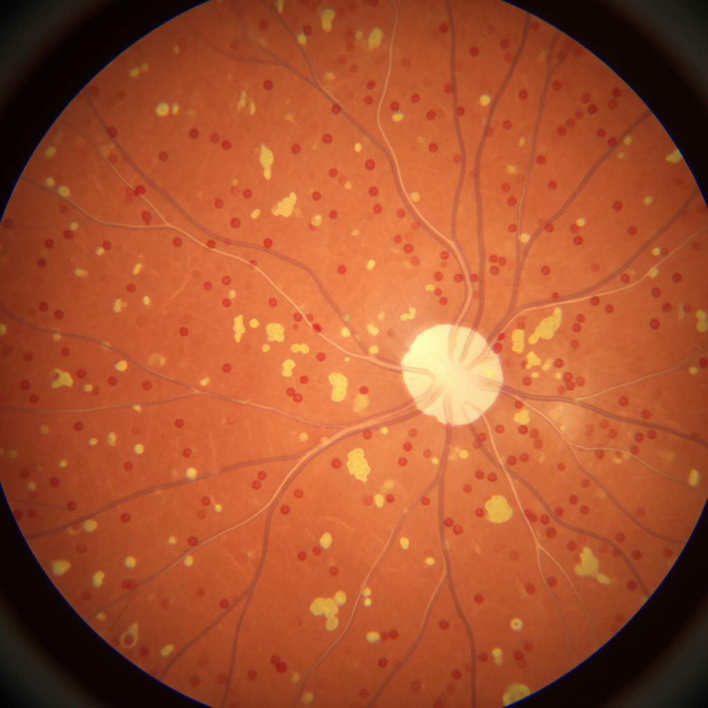 Augenhintergrund mit Blutungen und Ablagerungen bei diabetischer Retinopathie