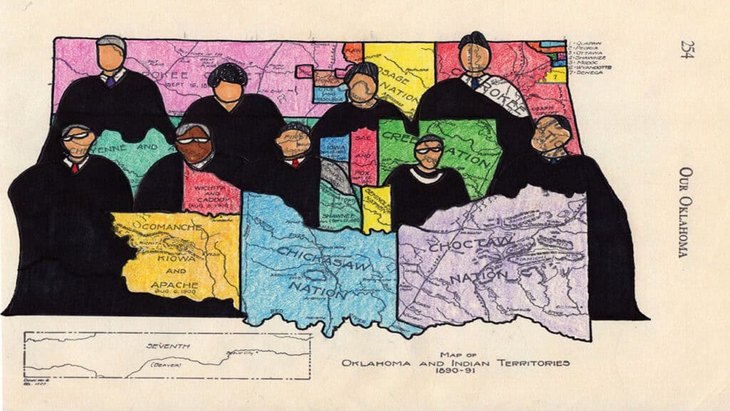 A drawing depicting 2020 Supreme Court Justices on top of a map of Indian Territory.