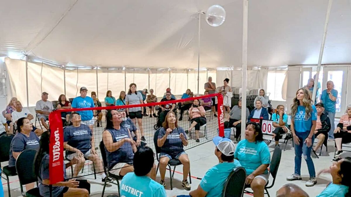 A group of elders play chair volleyball.