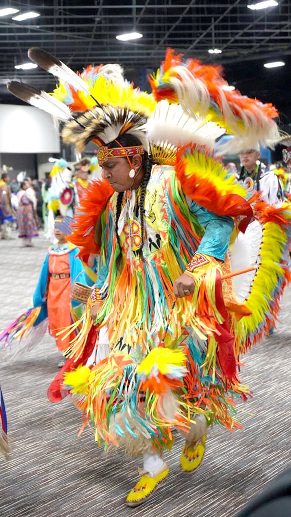 A fancy dancer wearing bright regalia.