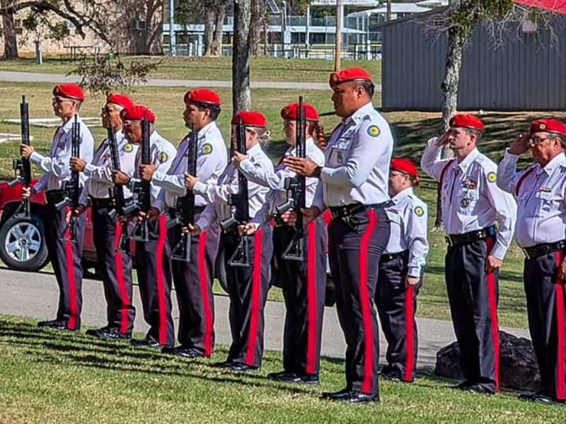 Honor guard lines up with guns for the 21-gun salute.