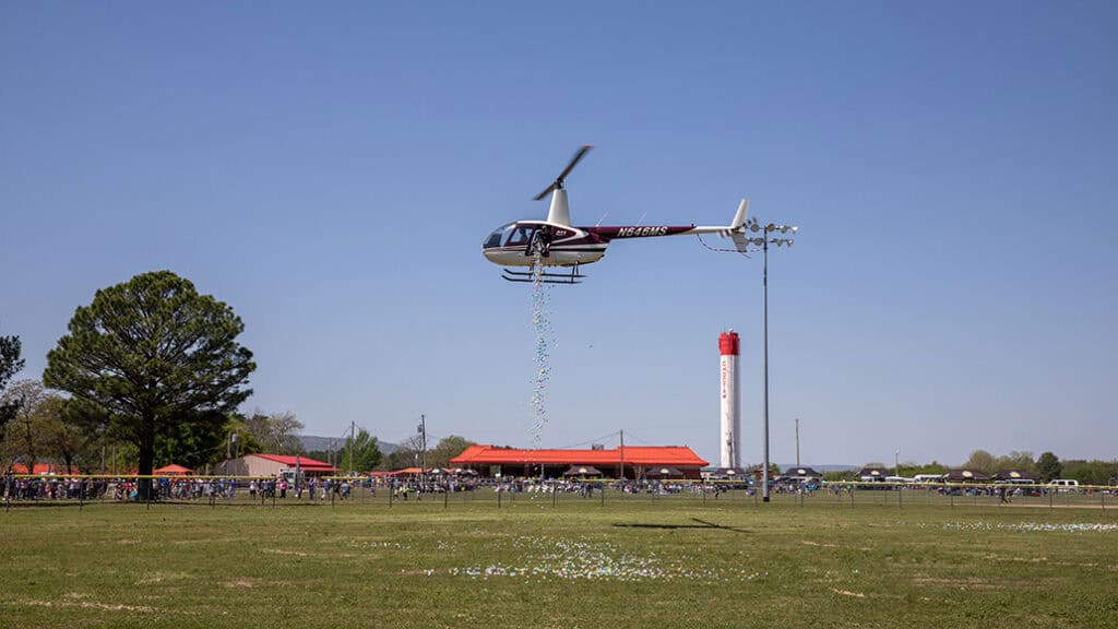 A helicopter drops a load of eggs.