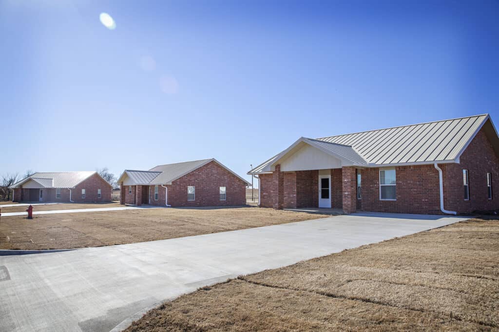 A row of new brick homes.