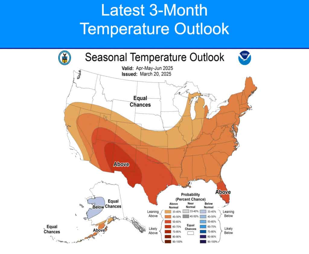 A map showing parts of the country that are predicted to have higher than normal temperatures.