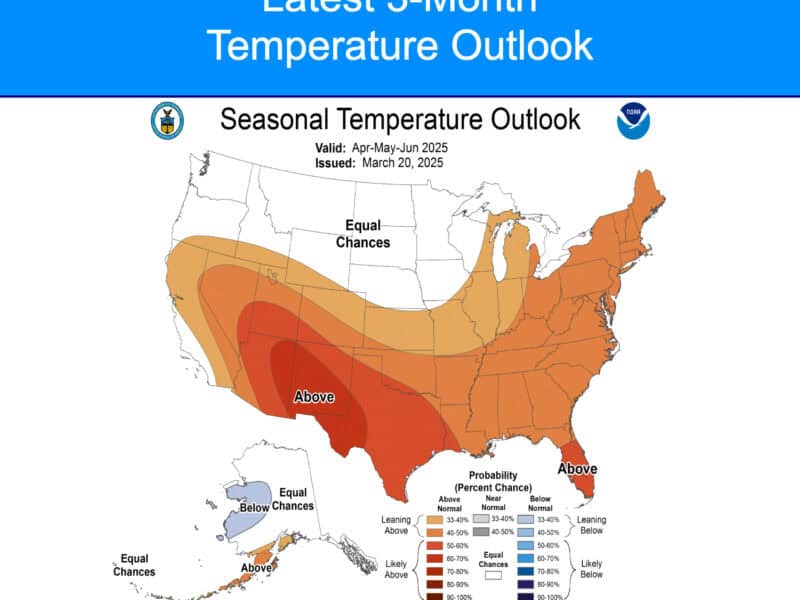 A map showing parts of the country that are predicted to have higher than normal temperatures.
